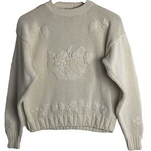 Vintage The Eagles Eye Floral Sweater 100% Cotton Womens Small Ivory Cottagecore